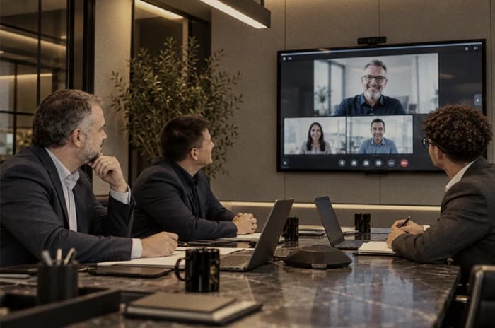 Equipe da NØR em reunião, à mesa, com participantes por videoconferência