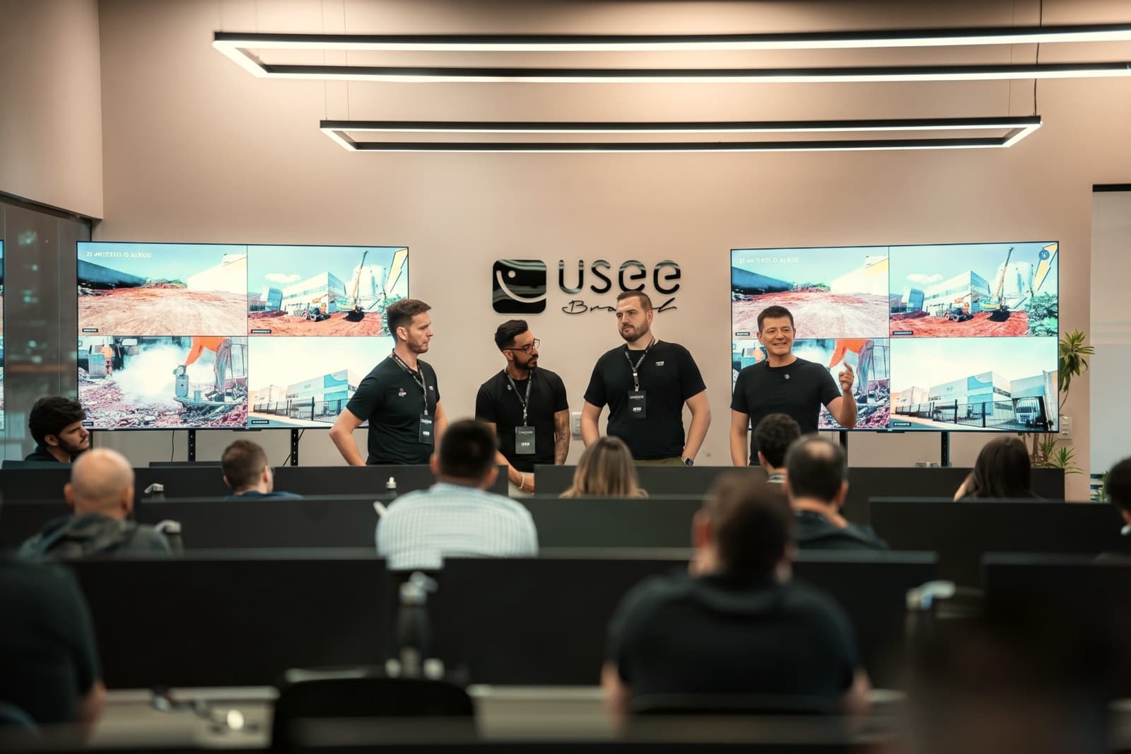Time NØR em apresentação no escritório da Usee Brasil, diante da equipe nas mesas de trabalho
